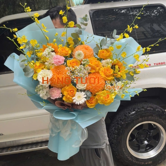Bó Hoa Vàng Cam Phối Cúc Mẫu Đơn
