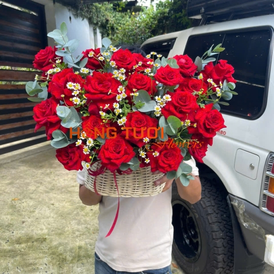 Giỏ Hoa Hồng Đỏ Phối Cúc Trắng