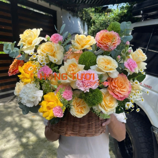 Giỏ Hoa Hồng Vàng Kem Phối Cẩm Chướng Hồng
