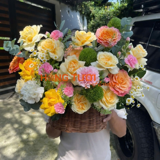 Giỏ Hoa Hồng Vàng Kem Phối Cẩm Chướng Hồng