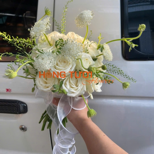Bó Hoa Cưới Cầm Tay Hồng Trắng Kem Dáng Tự Nhiên