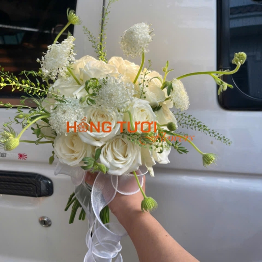 Bó Hoa Cưới Cầm Tay Hồng Trắng Kem Dáng Tự Nhiên