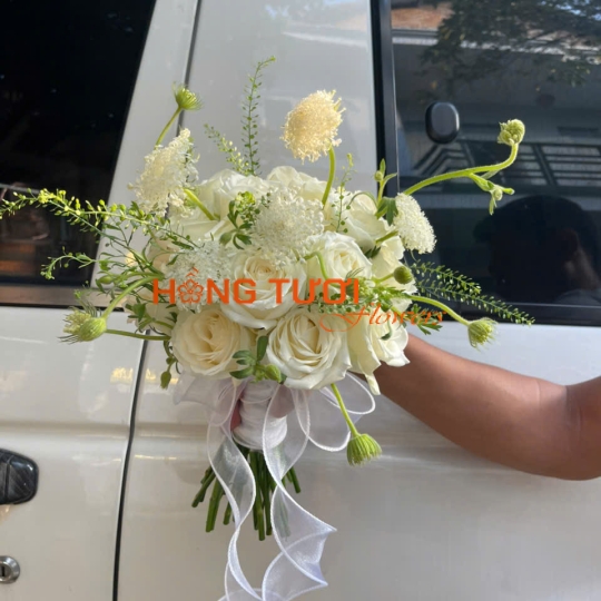 Bó Hoa Cưới Cầm Tay Hồng Trắng Kem Dáng Tự Nhiên