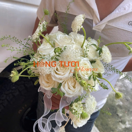Bó Hoa Cưới Cầm Tay Hồng Trắng Kem Dáng Tự Nhiên