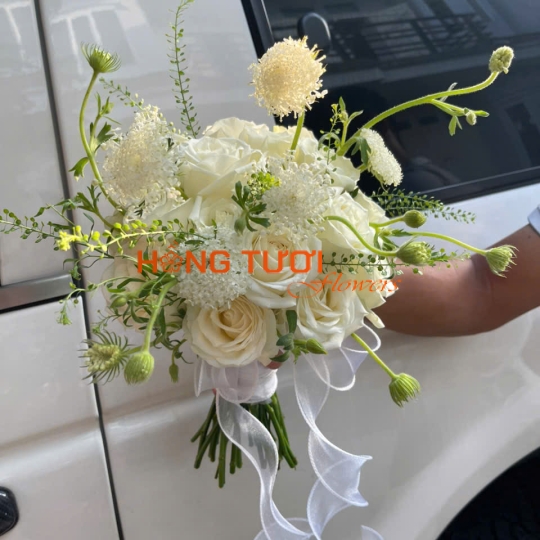 Bó Hoa Cưới Cầm Tay Hồng Trắng Kem Dáng Tự Nhiên