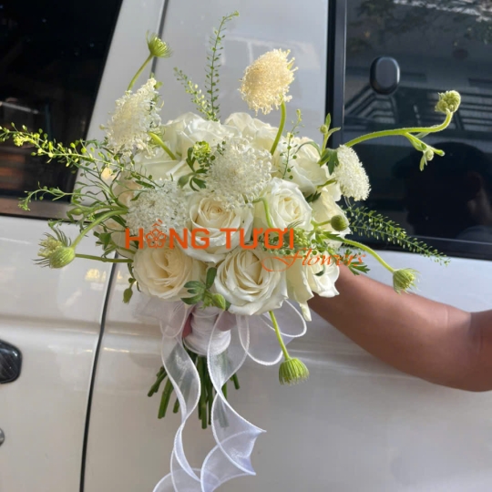 Bó Hoa Cưới Cầm Tay Hồng Trắng Kem Dáng Tự Nhiên