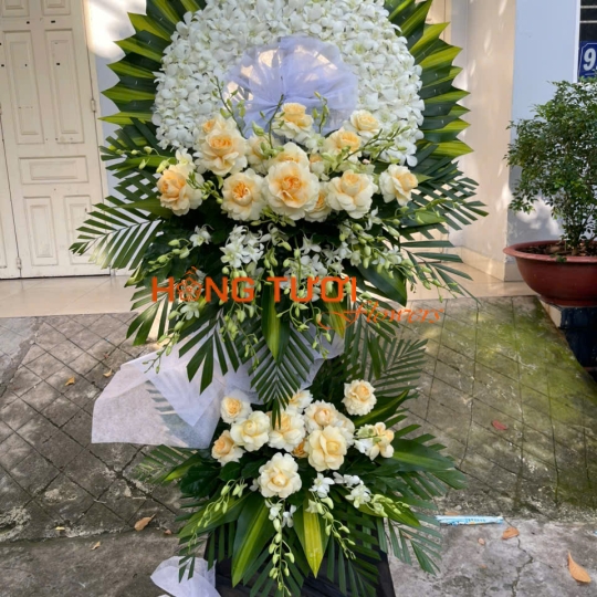 Kệ Hoa Chia Buồn Hai Tầng Lan Trắng Phối Hồng Kem