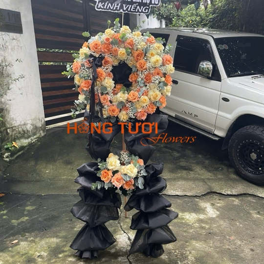 Kệ Hoa Chia Buồn Vòng Hồng Cam Đào Hai Tầng
