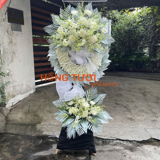 Kệ Hoa Chia Buồn Vòng Tròn Phối Lan Trắng