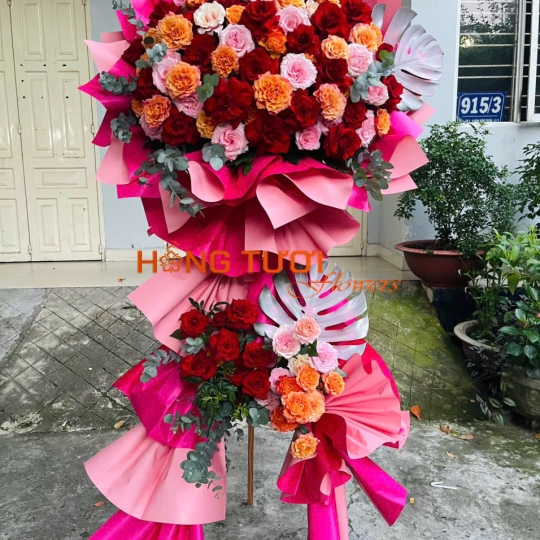 Kệ Hoa Chúc Mừng Hai Tầng Phối Hồng Đỏ Cam