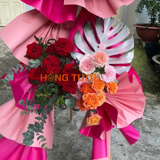 Kệ Hoa Chúc Mừng Hai Tầng Phối Hồng Đỏ Cam