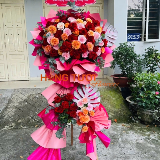 Kệ Hoa Chúc Mừng Hai Tầng Phối Hồng Đỏ Cam