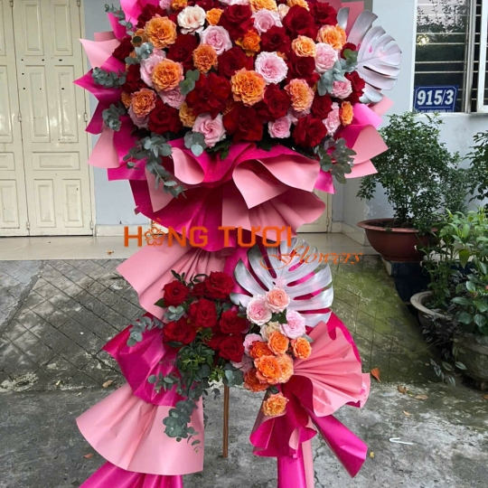 Kệ Hoa Chúc Mừng Hai Tầng Phối Hồng Đỏ Cam