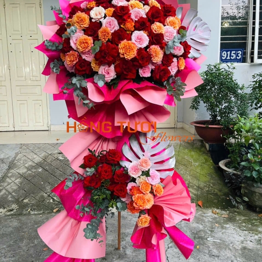 Kệ Hoa Chúc Mừng Hai Tầng Phối Hồng Đỏ Cam