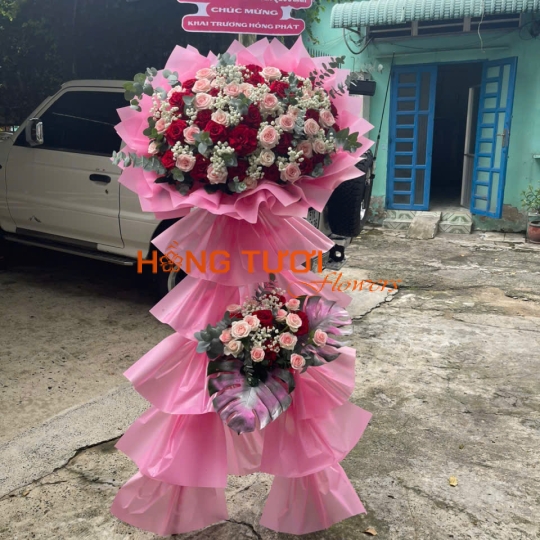 Kệ Hoa Tươi Hai Tầng Hồng Phấn Phối Hồng Đỏ