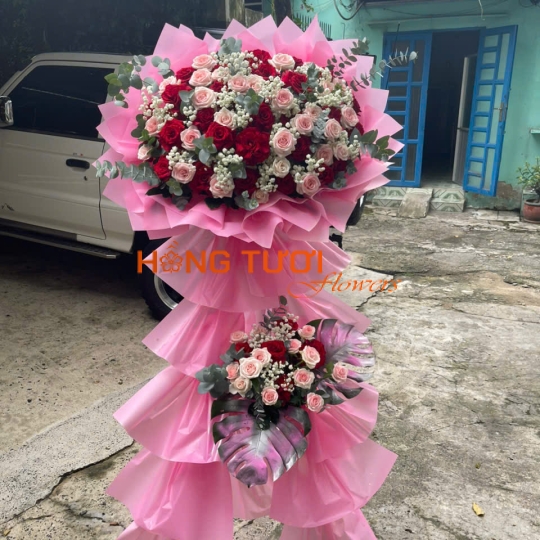 Kệ Hoa Tươi Hai Tầng Hồng Phấn Phối Hồng Đỏ
