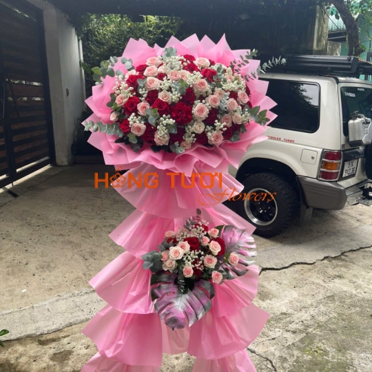 Kệ Hoa Tươi Hai Tầng Hồng Phấn Phối Hồng Đỏ