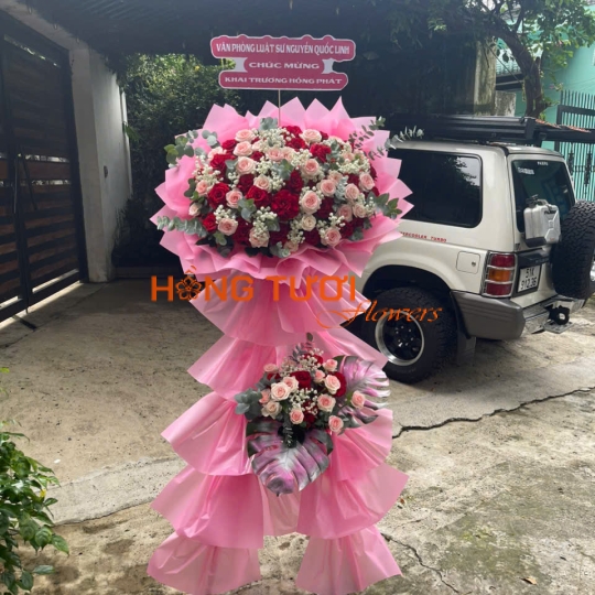 Kệ Hoa Tươi Hai Tầng Hồng Phấn Phối Hồng Đỏ